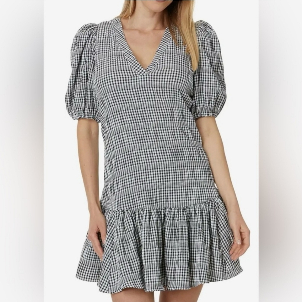 Calvin Klein Gingham Print Gauze Dress with‎ Puff sleeves NEW Size 2 - Picture 2 of 16
